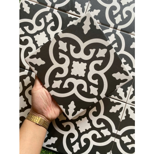 Gạch bông 200X200MM họa tiết đen hoa lá cách điệu GB 198