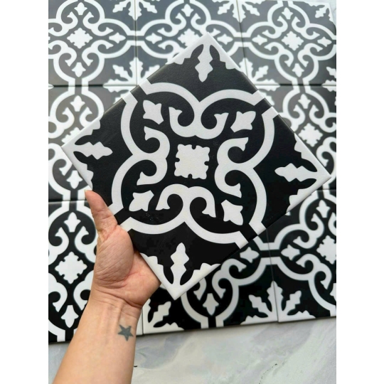 Gạch bông 200X200MM họa tiết đen hoa lá cách điệu GB 198
