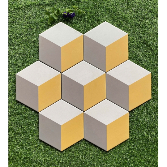 🟡 GẠCH LỤC GIÁC 3D VÀNG XÁM TRẮNG – KHỐI SẮC ĐỘC BẢN 20x23cm BHHOMETILES