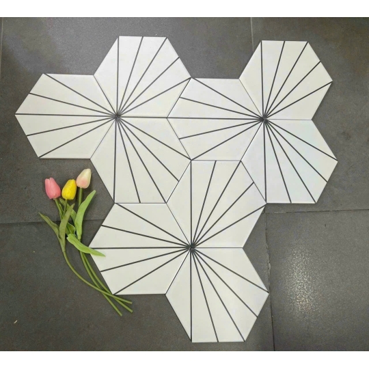 ⚪ GẠCH LỤC GIÁC 20x23cm HỌA TIẾT NAN QUẠT ĐEN TRẮNG BHHOMETILES