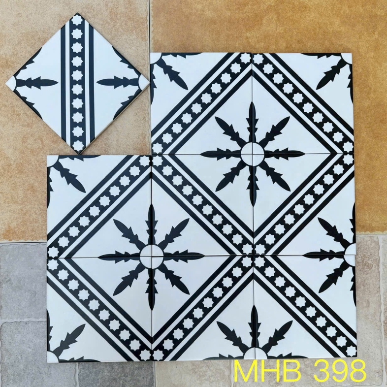 Gạch bông 200X200MM hoa văn nghệ thuật màu đen trắng GB 398
