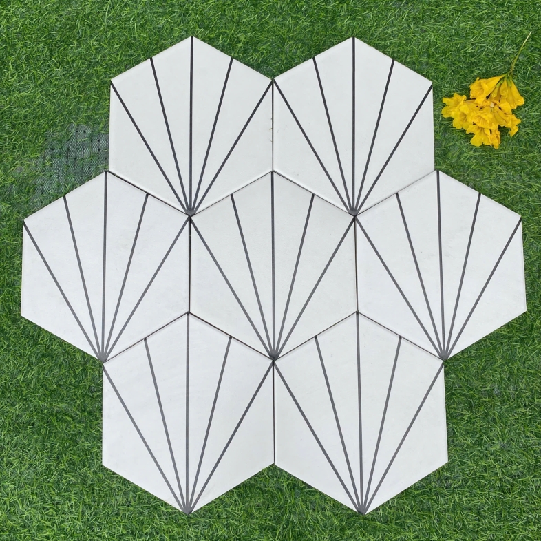 ⚪ GẠCH LỤC GIÁC 20x23cm HỌA TIẾT NAN QUẠT ĐEN TRẮNG BHHOMETILES