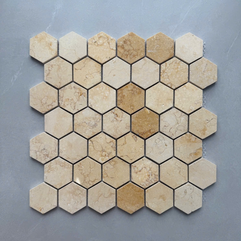 Gạch Mosaic Đá Tự Nhiên Lục Giác Vàng Kem – Dấu Ấn Của Sự Ấm Áp LGV 51