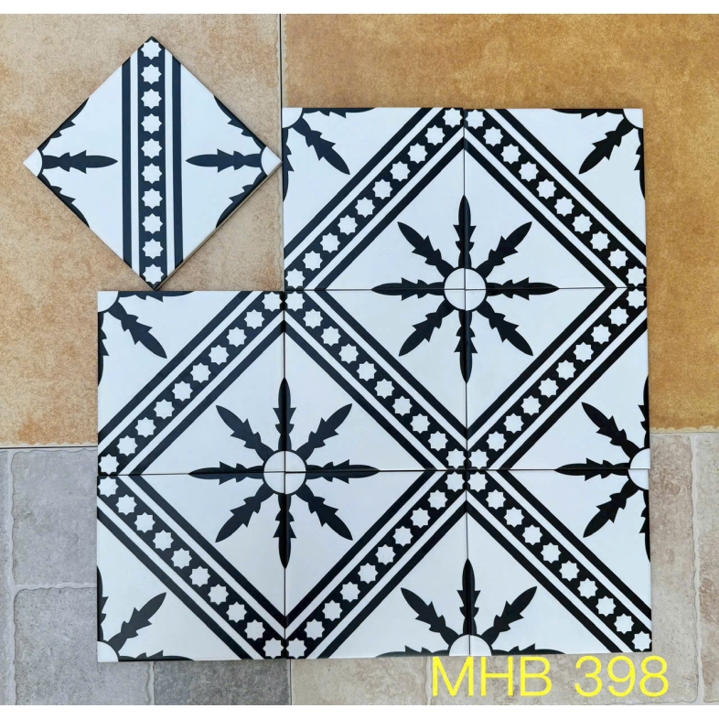 Gạch bông 200X200MM hoa văn nghệ thuật màu đen trắng GB 398