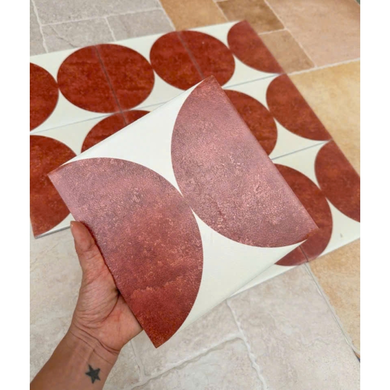 Gạch bông 200x200 – Hoa văn bán nguyệt nâu đỏ rustic GB 288