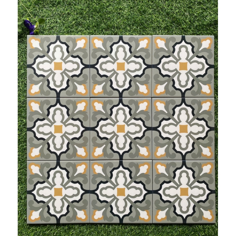 Gạch bông porcelain 200x200mm họa tiết cổ điển vàng mù tạt – BHHOMETILES ADP 22