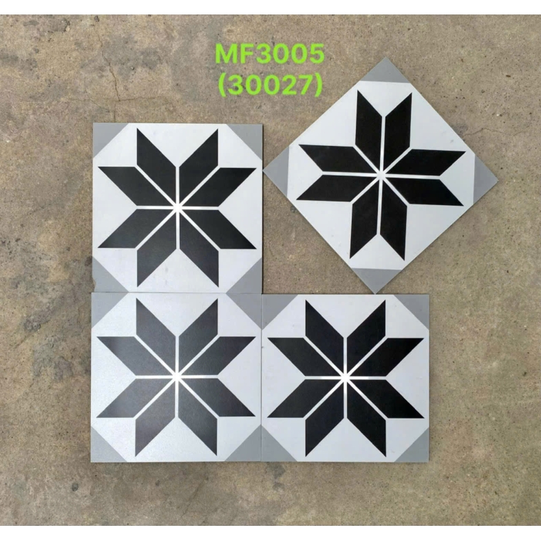 ⚫⚪ GẠCH BÔNG MF3005 – NGÔI SAO ĐEN TRẮNG KINH ĐIỂN, ĐẬM DẤU ẤN TỐI GIẢN 300x300mm BHHOMETILES
