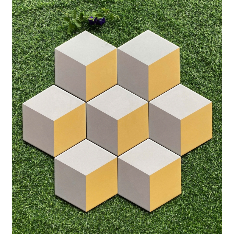 🟡 GẠCH LỤC GIÁC 3D VÀNG XÁM TRẮNG – KHỐI SẮC ĐỘC BẢN 20x23cm BHHOMETILES